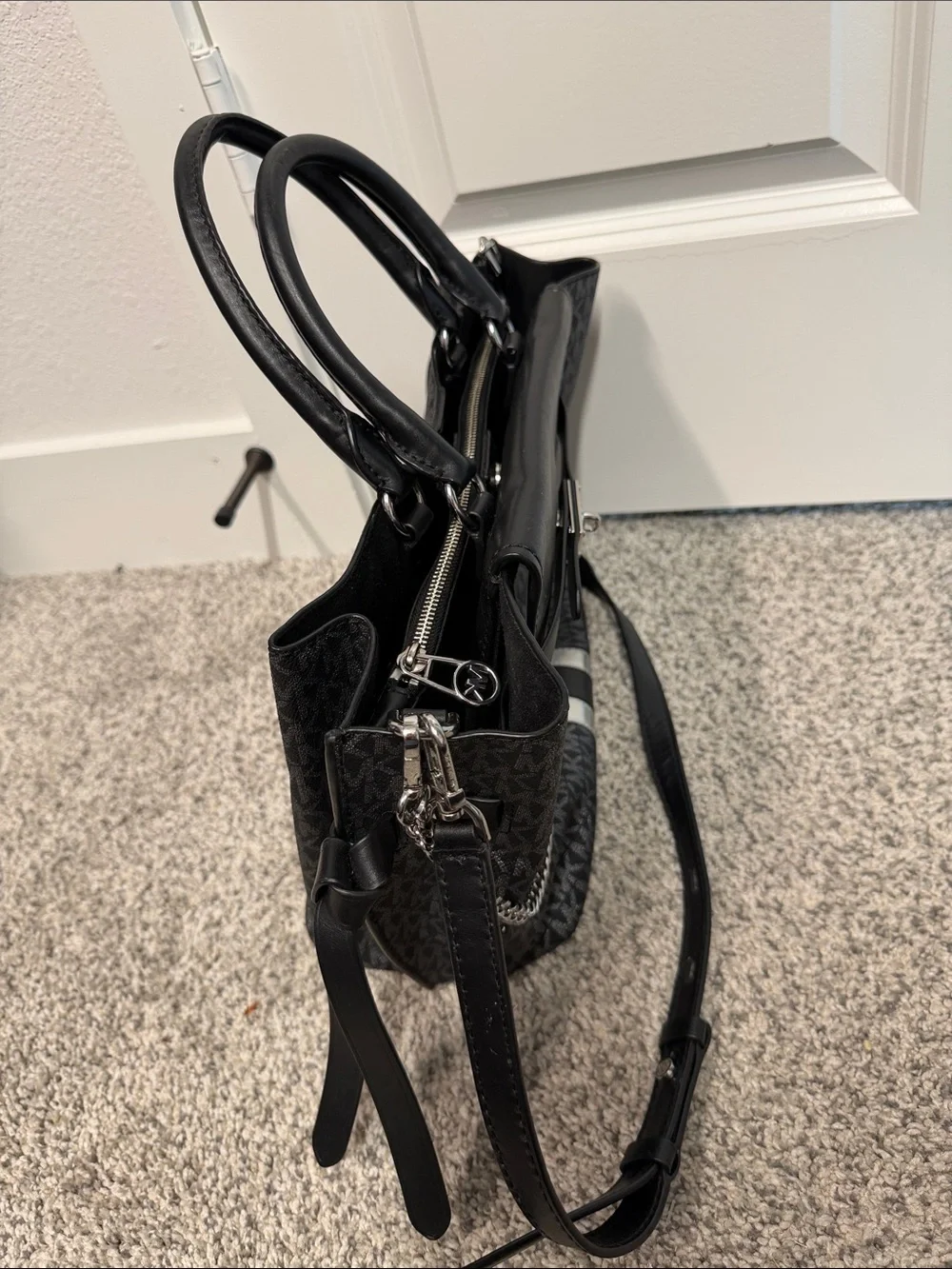 Michael Kors Black & Silver Signature Satchel with Stripe Detail